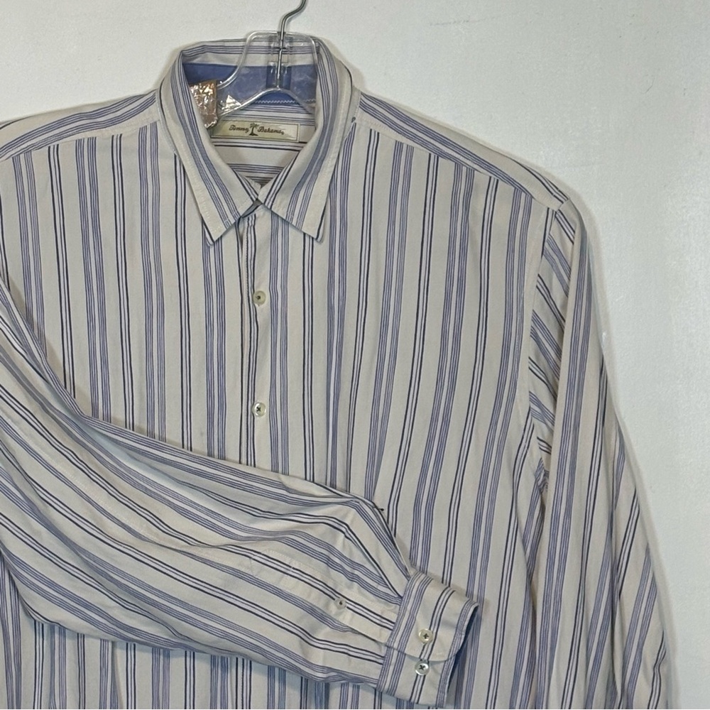 Tommy Bahama‎ Cream and Blue Striped Dress Shirt Long Sleeved Size XL Silk blend